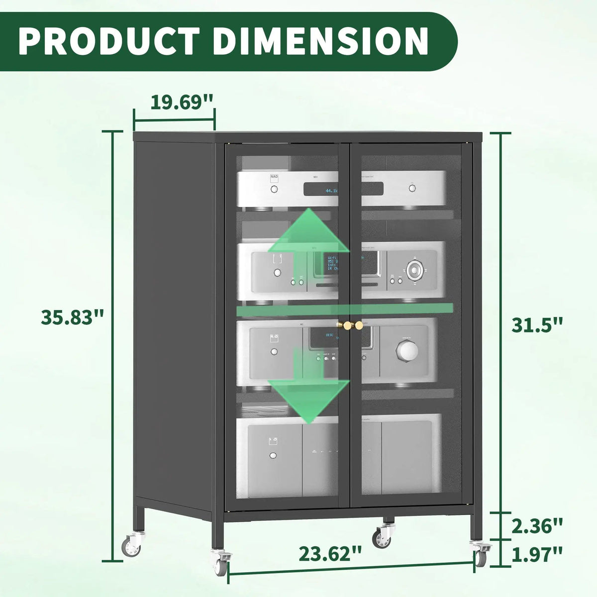 Media Storage Cabinet With Wheels | 4 Adjustable Glass Shelves | Dust-Proof Tempered Glass Door | Black