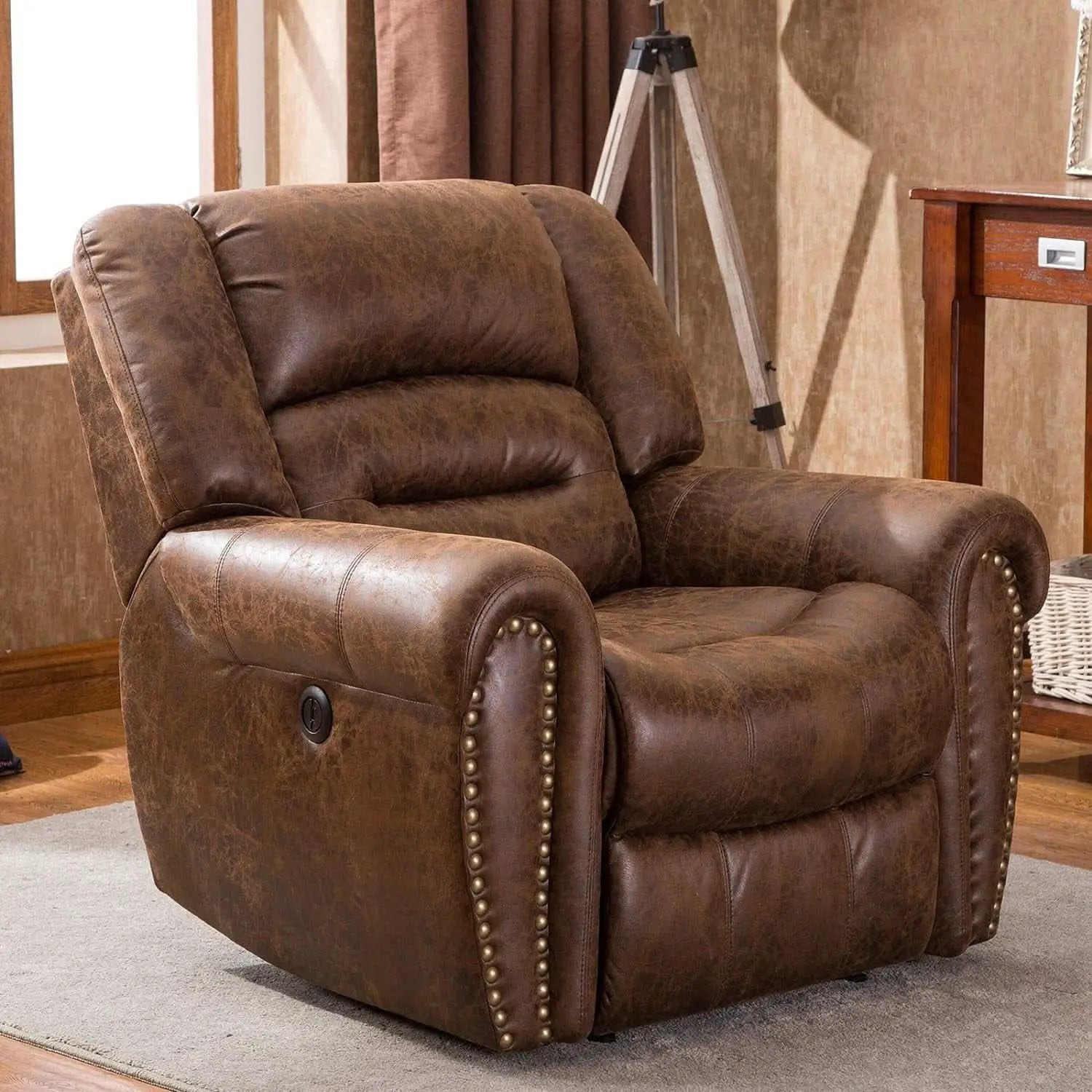 Electric Power Recliner Pair Nut Brown Leather With USB Port from PriceLows™