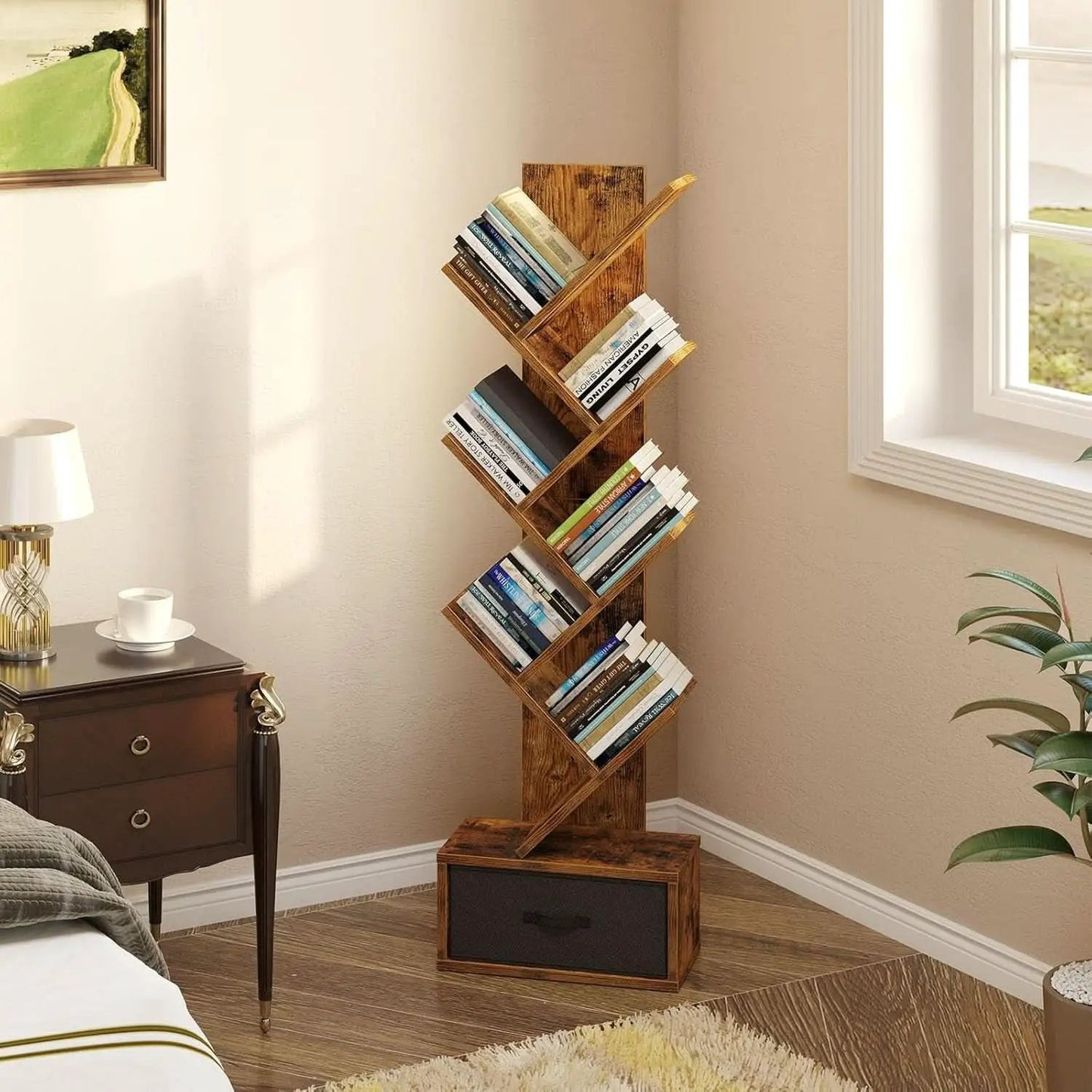 Rustic Brown 7 Shelf Tree Bookshelf With Drawer Living Room from PriceLows™