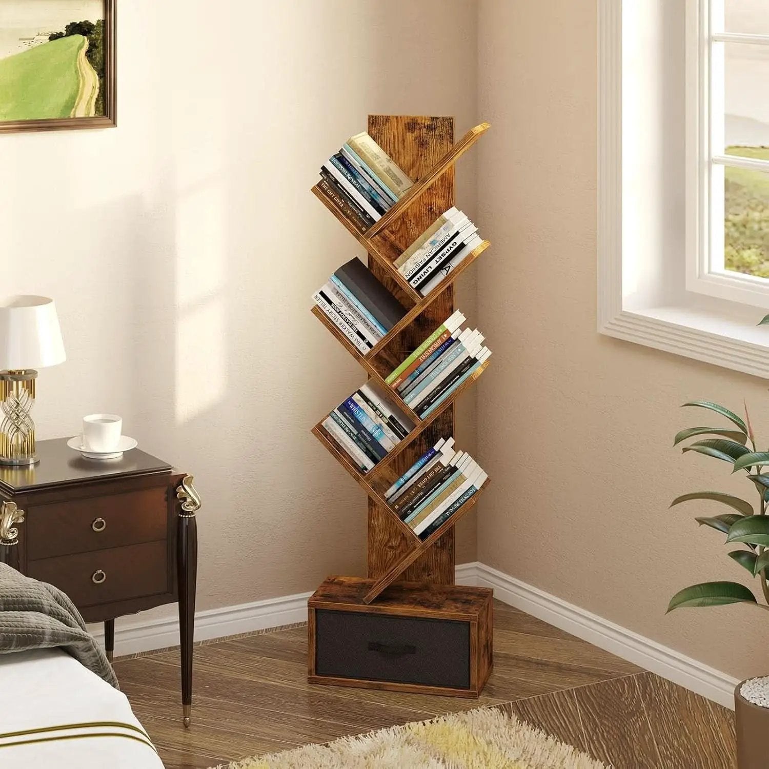 Rustic Brown 7 Shelf Tree Bookshelf With Drawer Living Room from PriceLows™