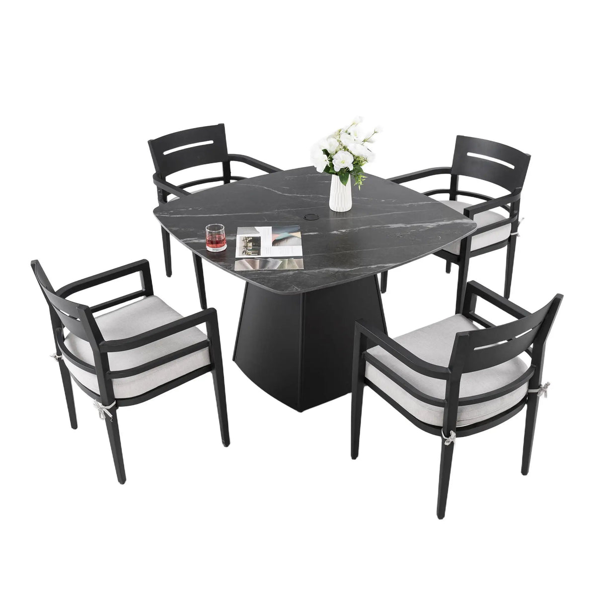 Outdoor Patio Dining Set | Squircle Sintered Stone Table | Sunbrella Cushion Chairs | Rust-Free Aluminum Frame