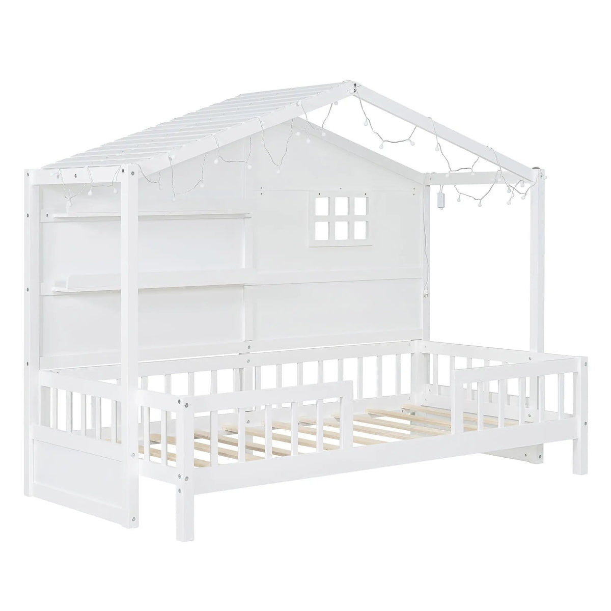 House Bed With Shelves, Window And Sparkling Light Strip On The Roof | 2 Pieces | Bedroom Furniture | Bedroom