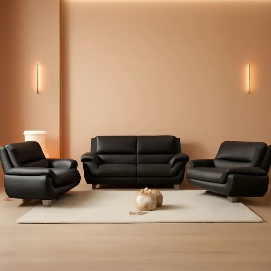 Faux Leather 3 Piece Modern Living Room Sofa Set Black from PriceLows™