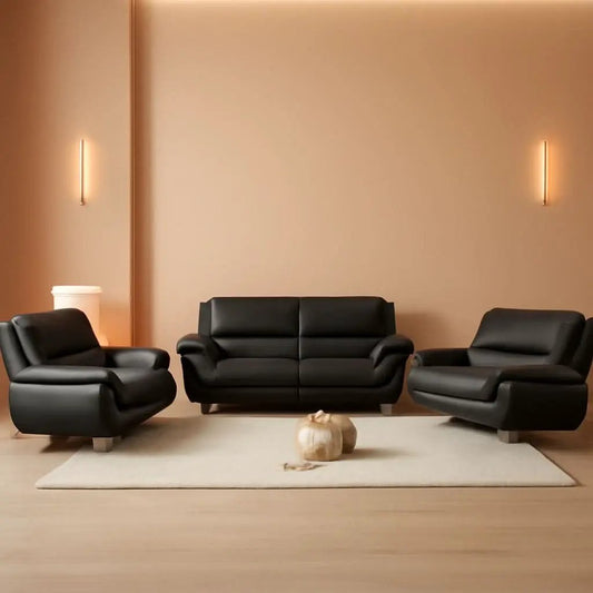 Faux Leather 3 Piece Modern Living Room Sofa Set Black from PriceLows™