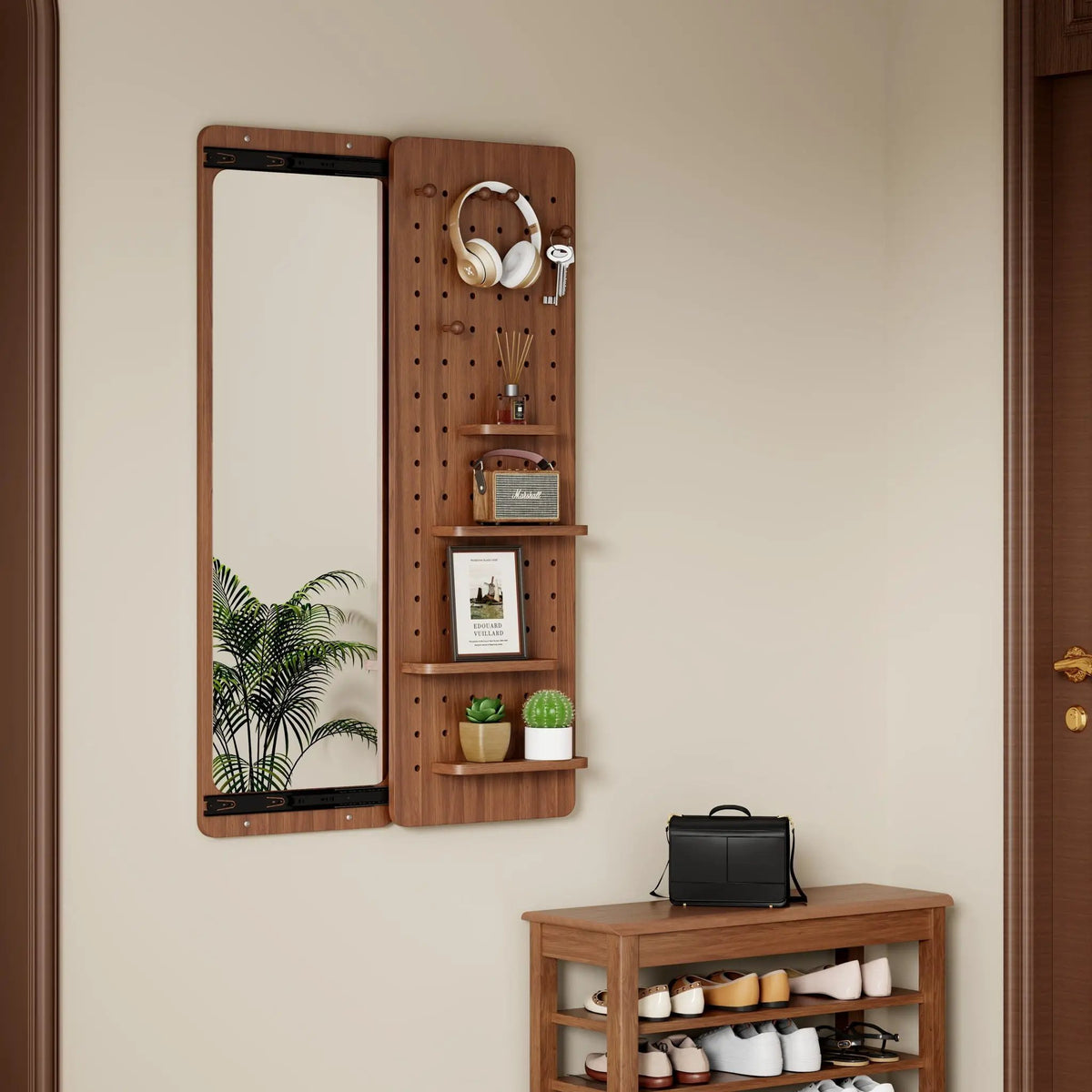 Wall Mounted Full Length Mirror | Shelf And Hook | Solid Rubber Wood | Push-Pull Removable Panel