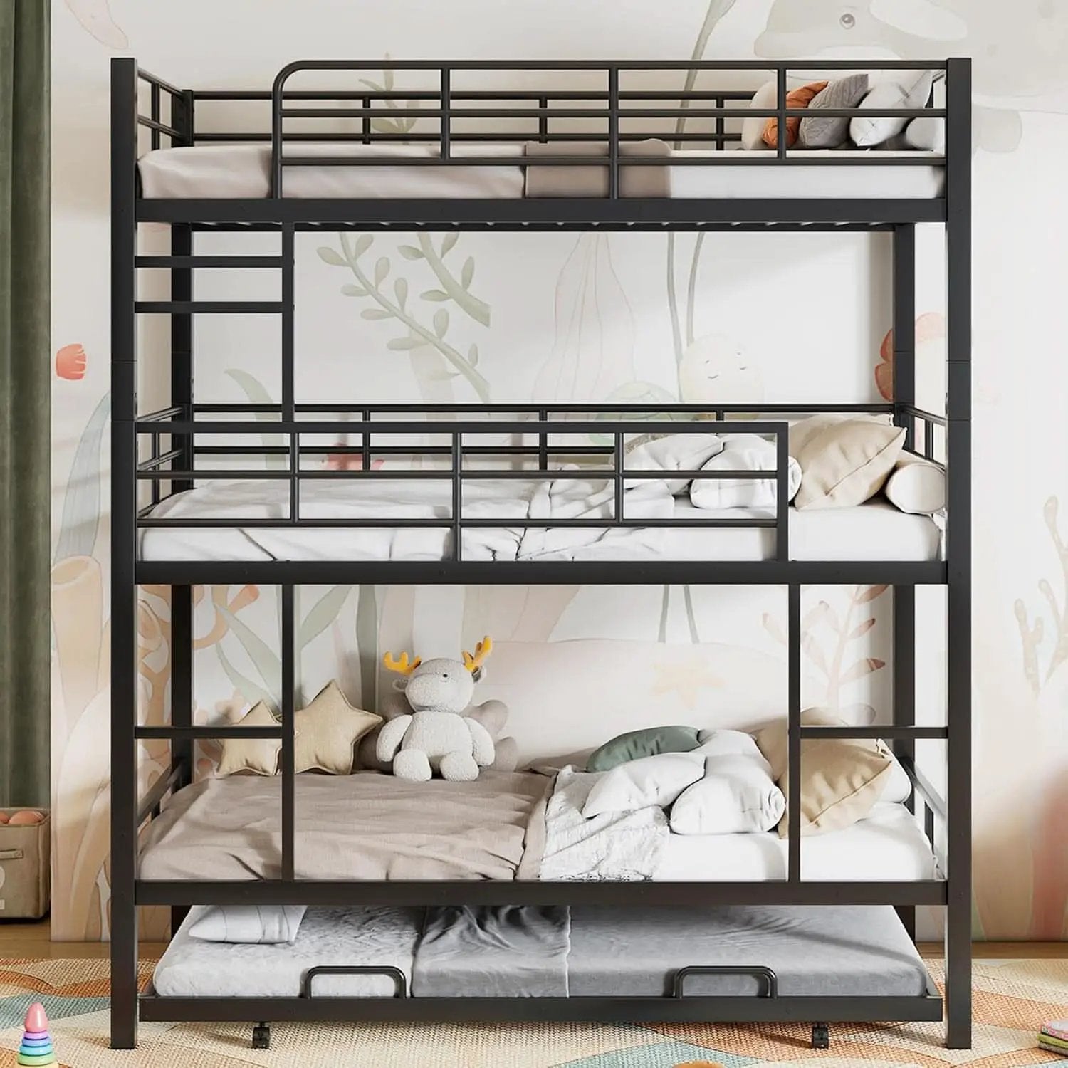 Metal Twin Size Triple Bunk Bed with Trundle, Black for Kids from PriceLows™