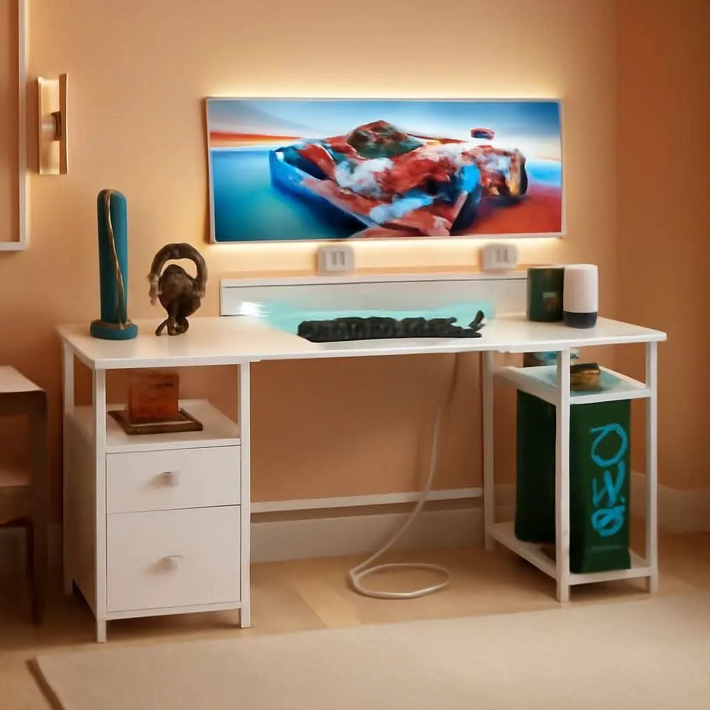 Sixty One Inch Computer Desk LED Illumination White Finish from PriceLows™