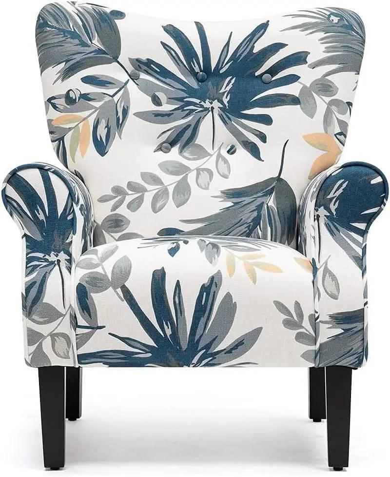 Blue Tufted Armchair With Linen Upholstery And Wood Legs from PriceLows™
