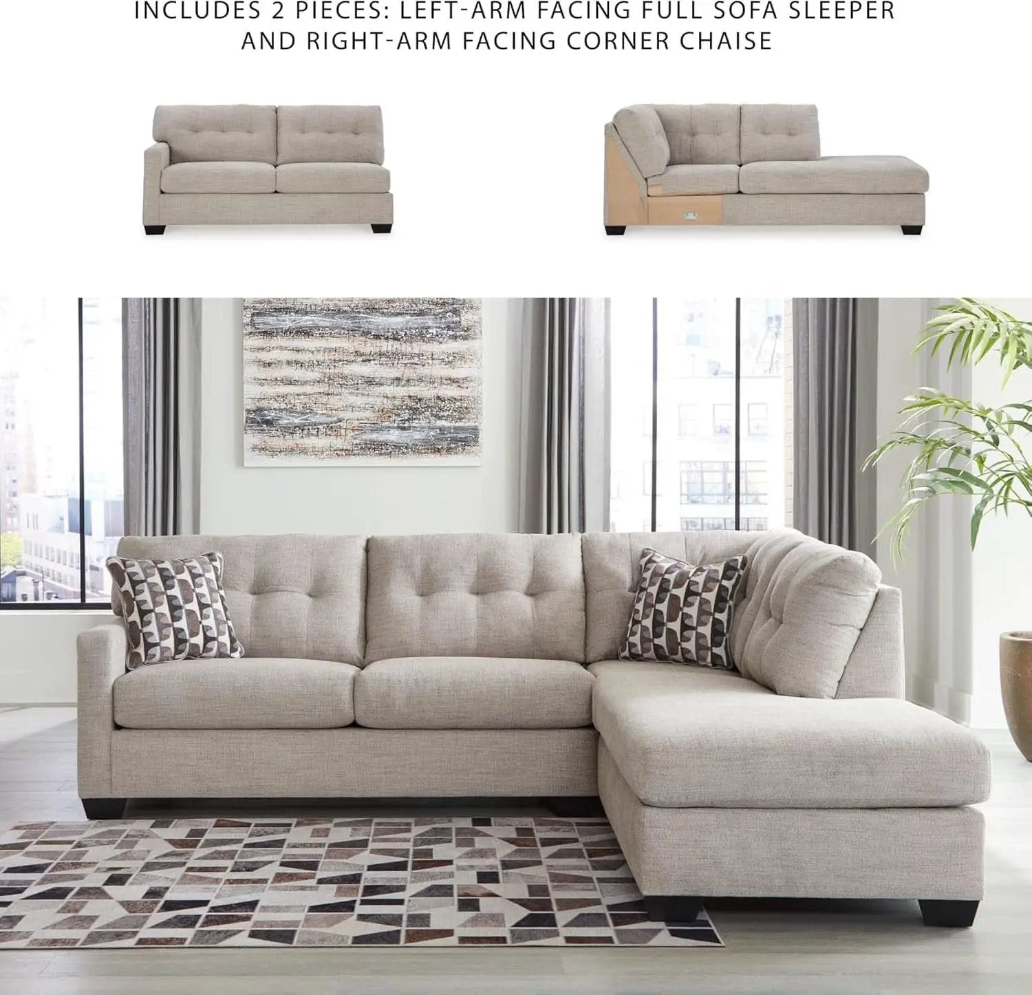 Beige Sleeper Sectional Featuring Chaise Memory Foam from PriceLows™