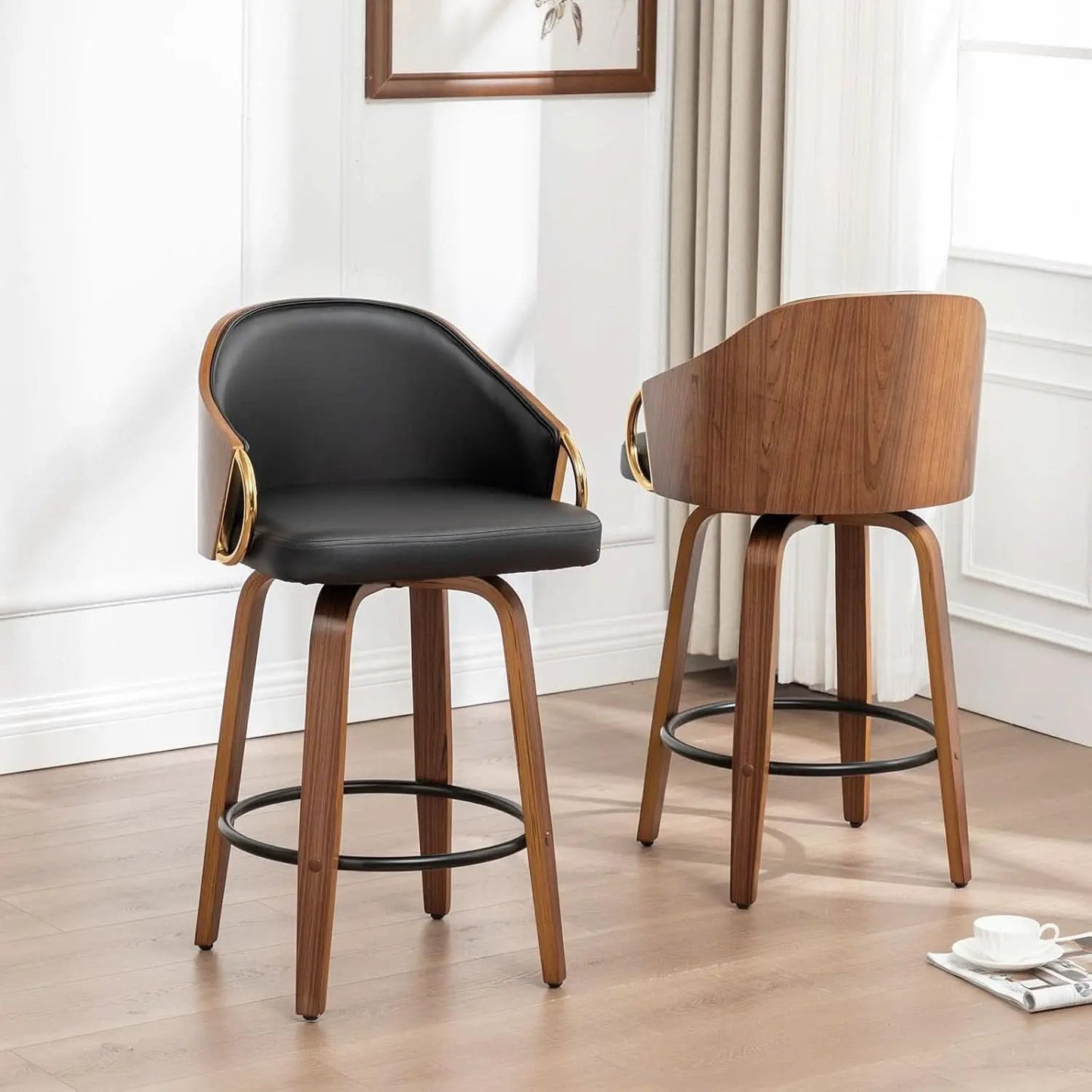26 Inch Swivel Barstools Set of Two Black Leather from PriceLows™