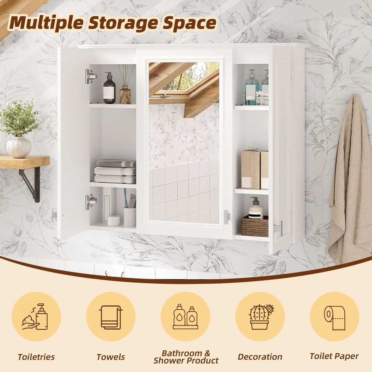 Wall Mounted Mirror Cabinet | 5 Adjustable Shelves | HD Mirror | White