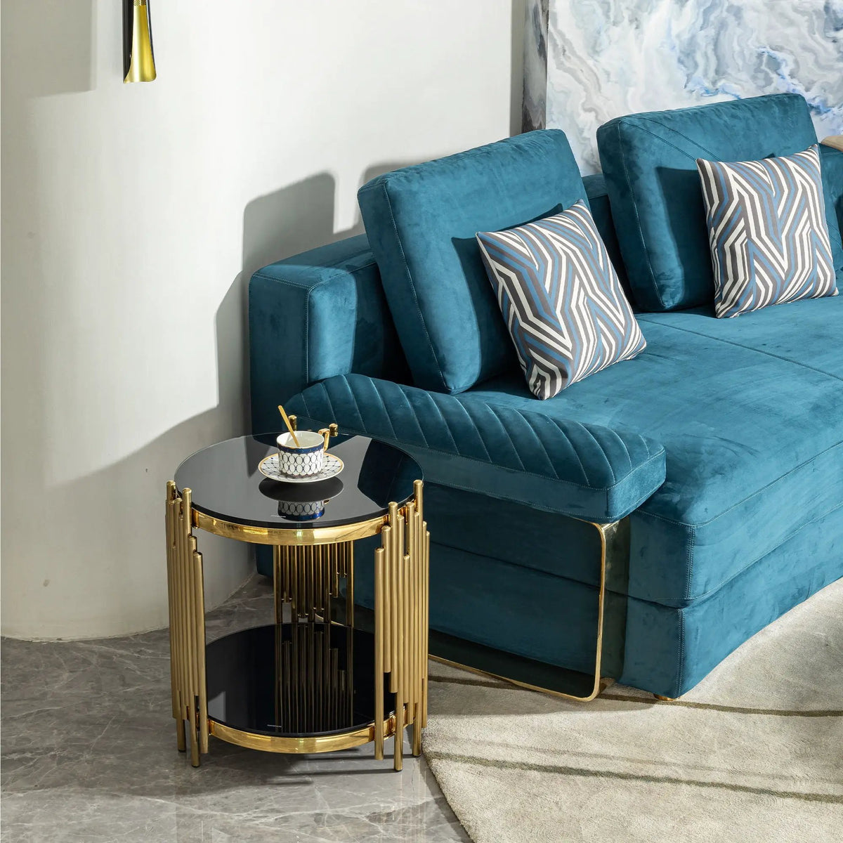 Round Side Table | Double Layer Tempered Glass Top | Mirror Finish Stainless Steel Frame | 21.65 Inch Height