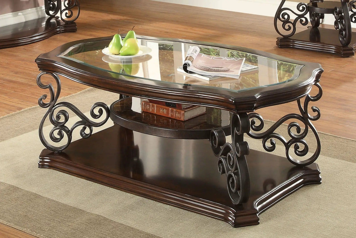 Laney 1-shelf Glass Top Rectangular Coffee Table Deep Merlot | 52.25 x 32.5 x 20.5 in | Engineered Wood & Tempered Glass | Living Room