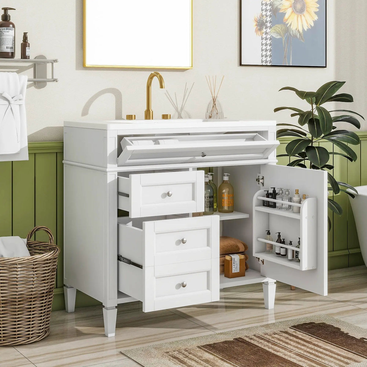 36 Inch Bathroom Vanity With Top Sink | 3 Drawers | Metal Drawer Slides | Ceramic Sink