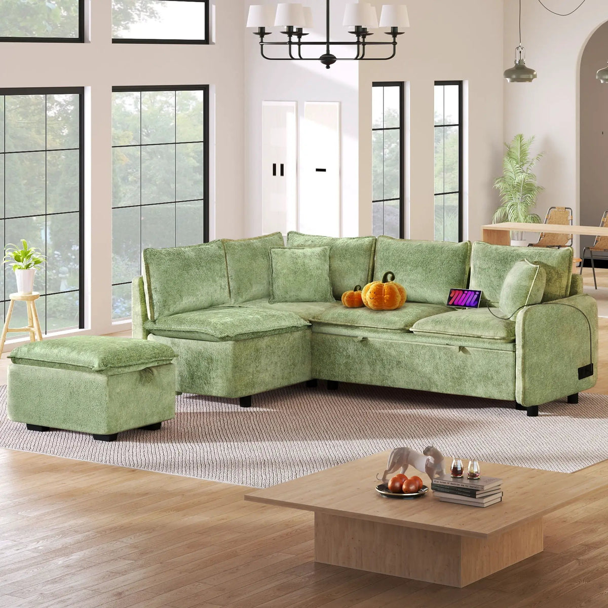 Convertible Sofa Bed | L Shaped Sectional | Storage Ottoman | Two USB Ports