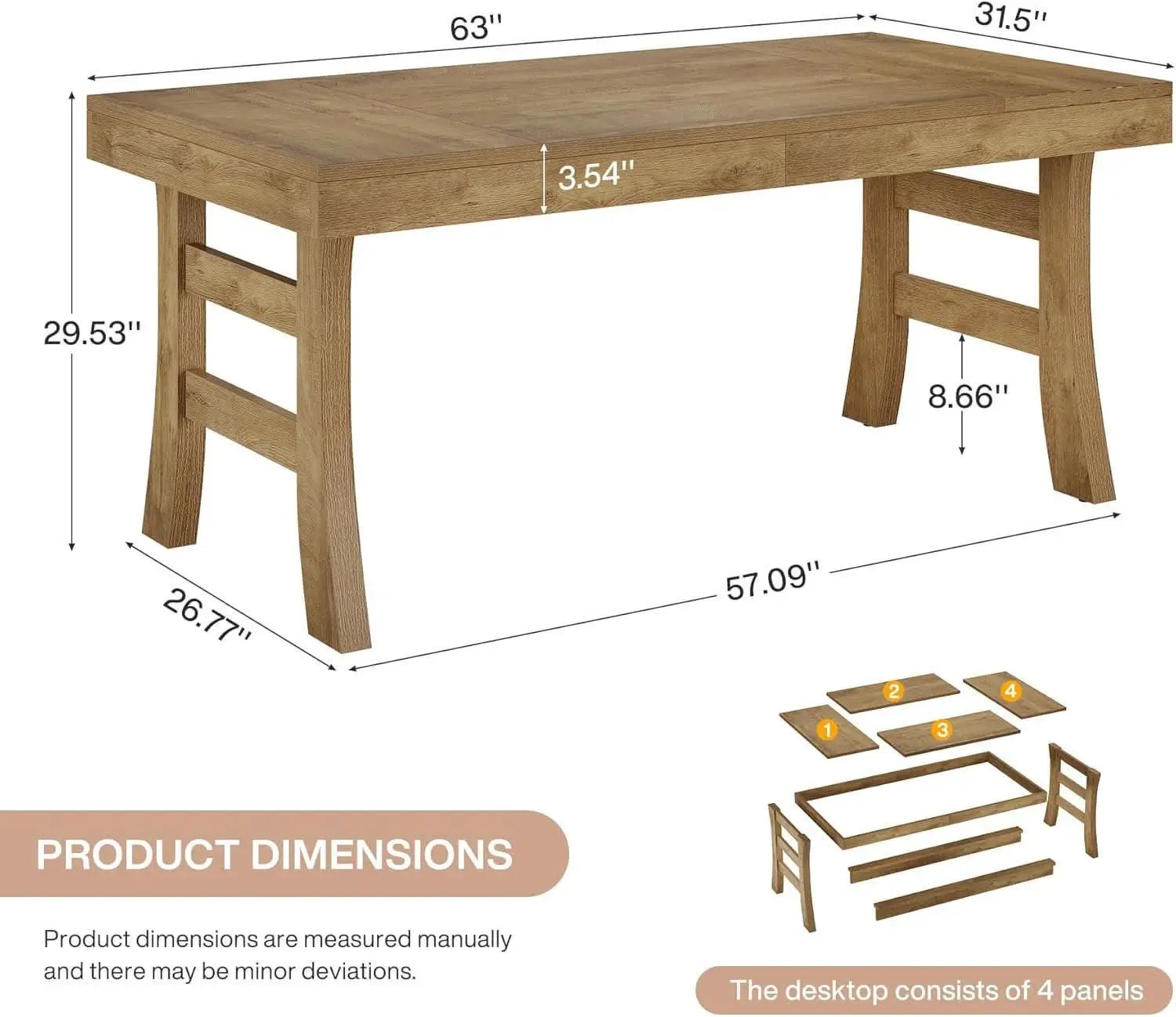 63 Inch Farmhouse Rectangular Wood Dining Table Kitchen from PriceLows™