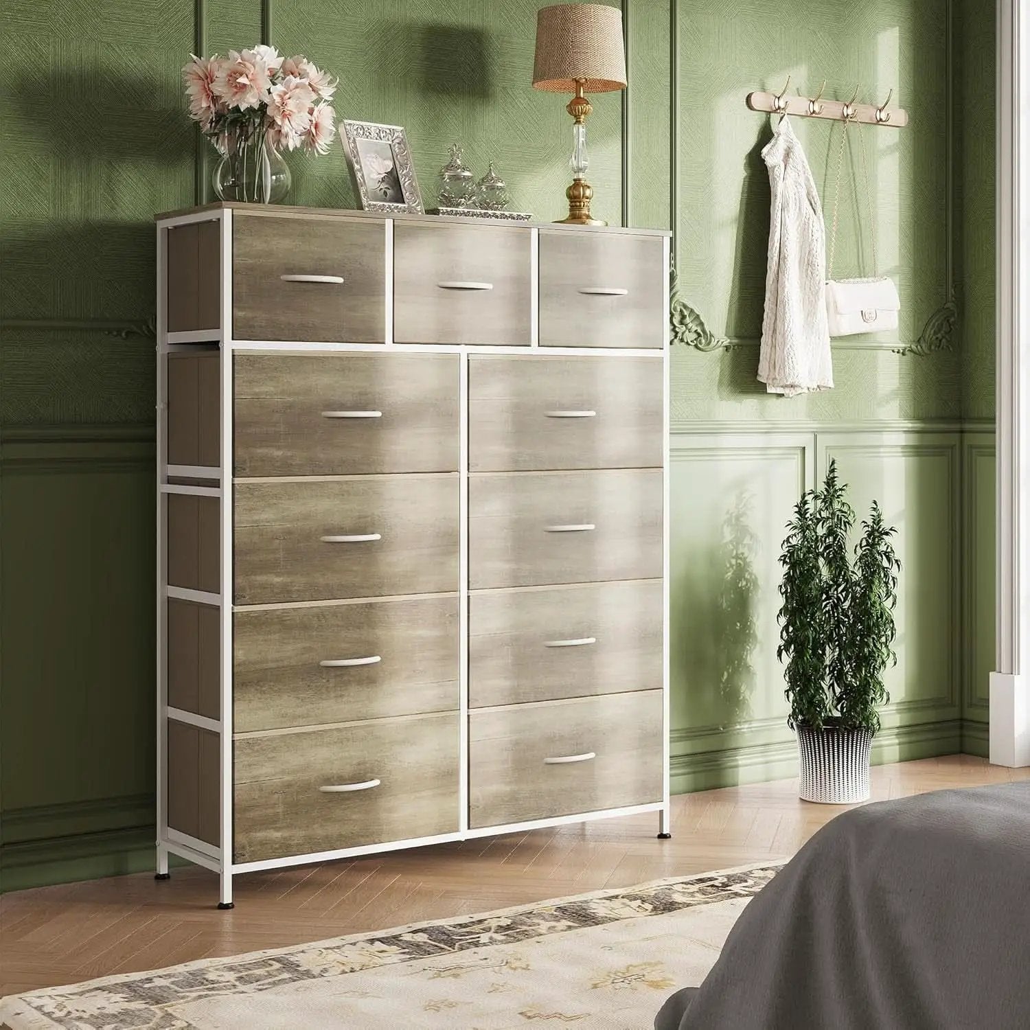 Tall Fabric Dresser Storage Tower 11 Drawer Greige Bedroom from PriceLows™