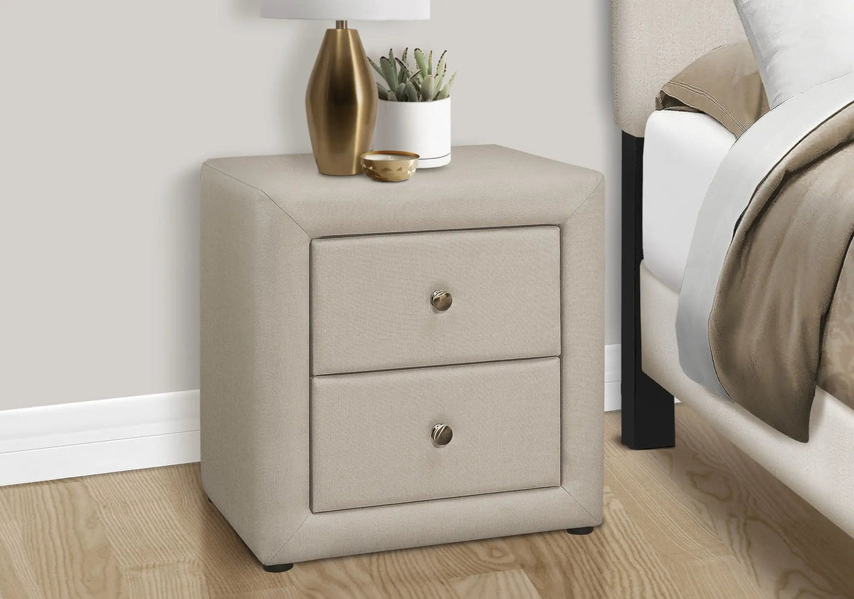 Upholstered Nightstand | Transitional Style | Two Storage Drawers | Metal Drawer Knobs