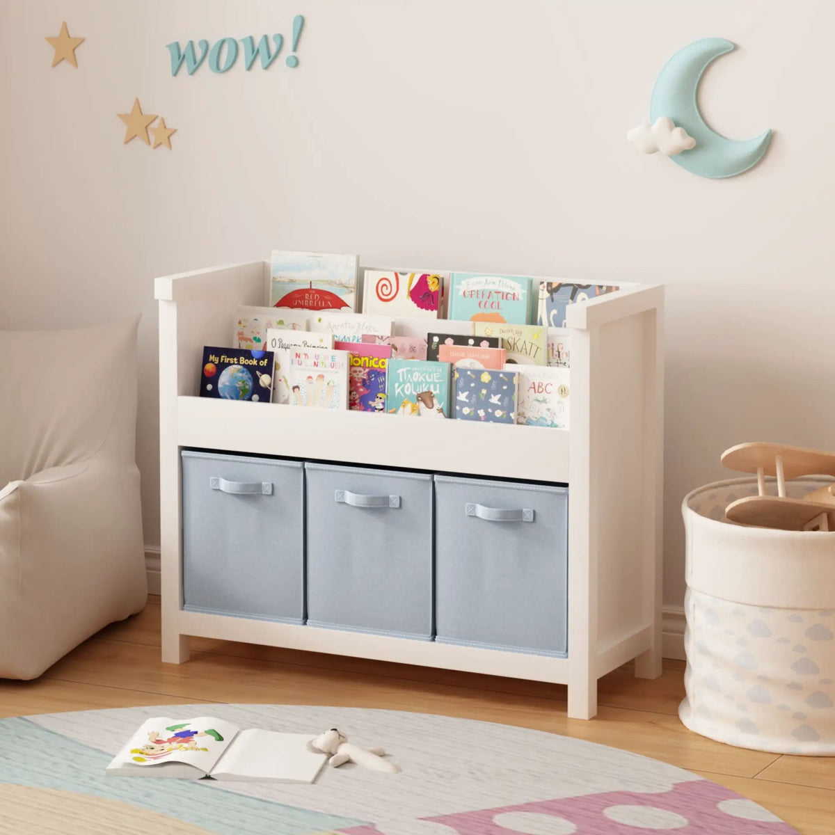 Kids Bookshelf | 3 Tier Front Facing | 3 Fabric Bins | White