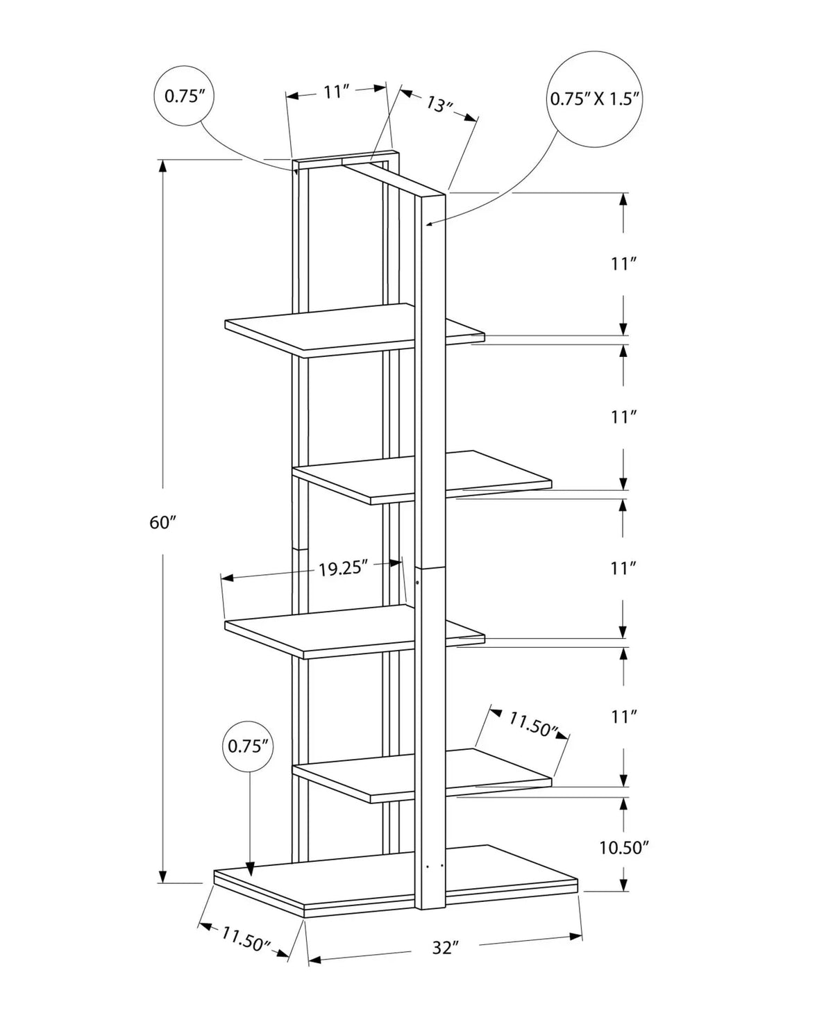 5 Tier Etagere Bookcase | Asymmetrical Zig-Zag Design | Solid Metal Base | Modern Industrial