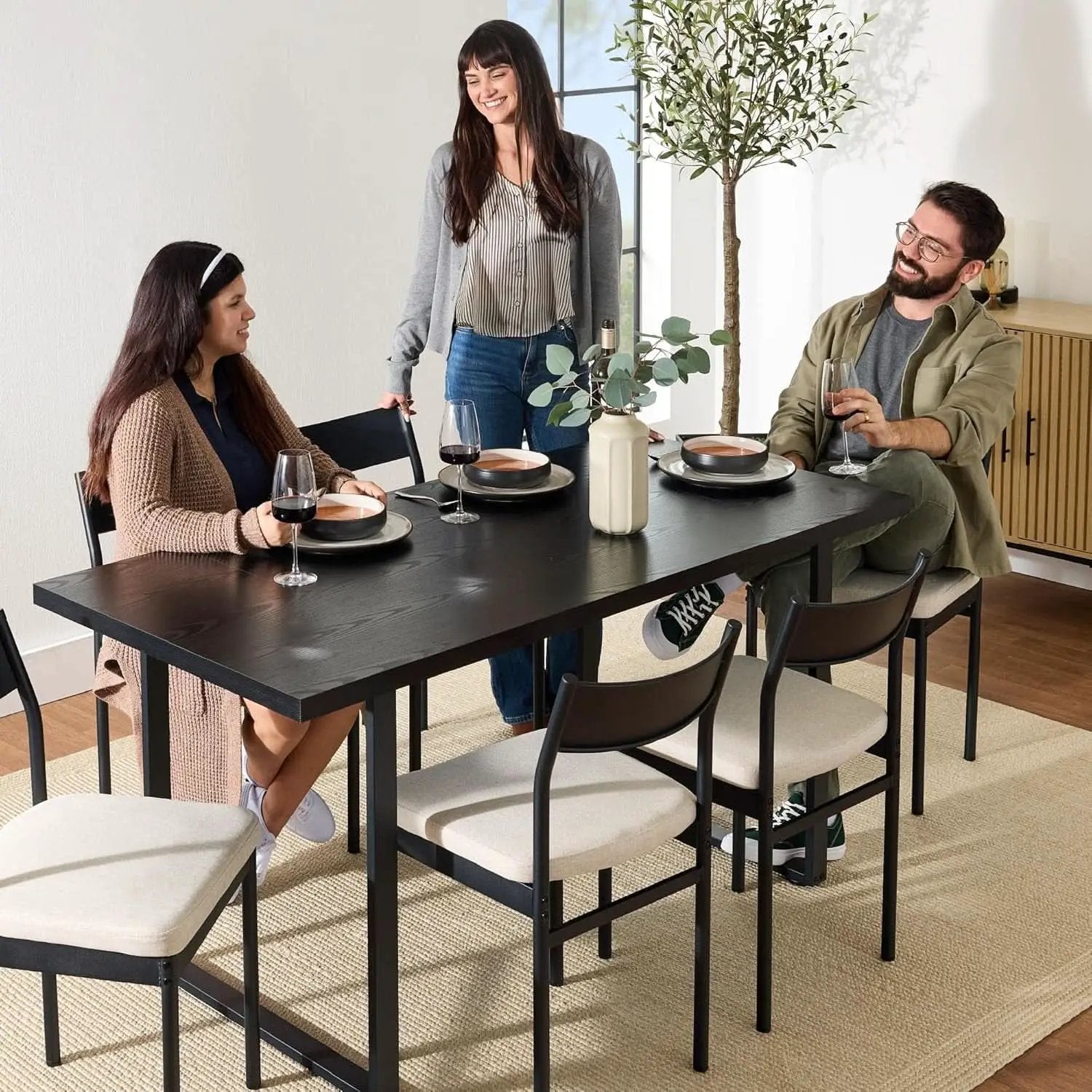 Six Seat Contemporary Dining Set Black Upholstered from PriceLows™
