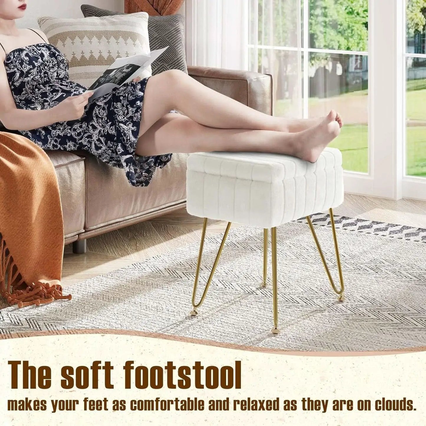 White Faux-Fur Vanity Stool With Premium-Grade Stowable-Storage from PriceLows™