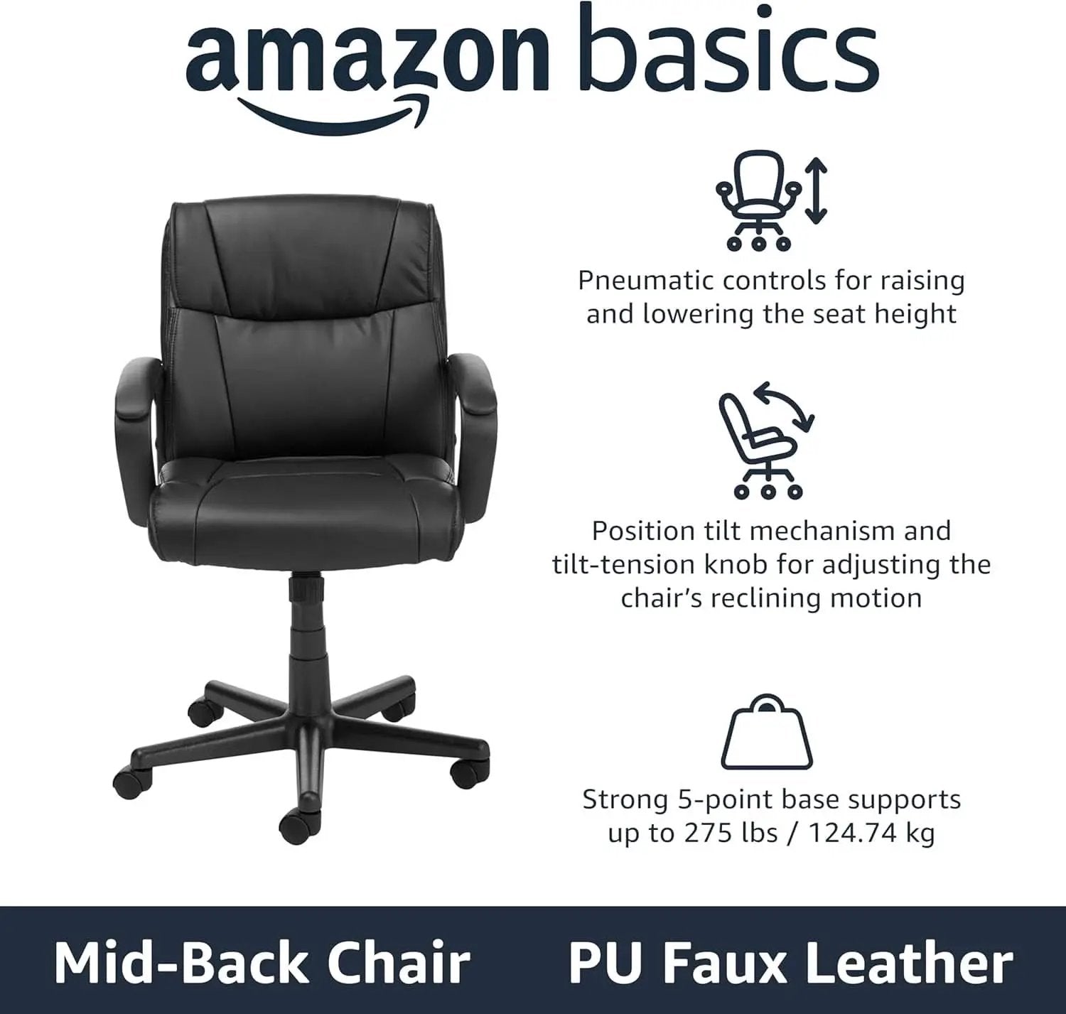 Black Office Chair With Padded Armrests Height Adjustable from PriceLows™