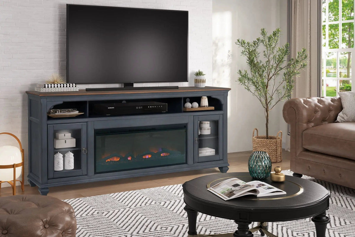 Fireplace TV Stand For TVs Up To 95" - | 86 x 18 x 34 in | Glass | Blue