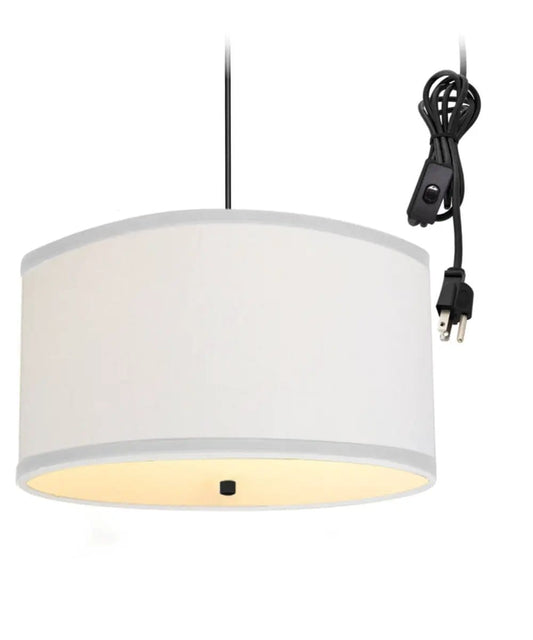 2 Light Swag Plug-In Pendant | White Linen | Black Cord, 18W