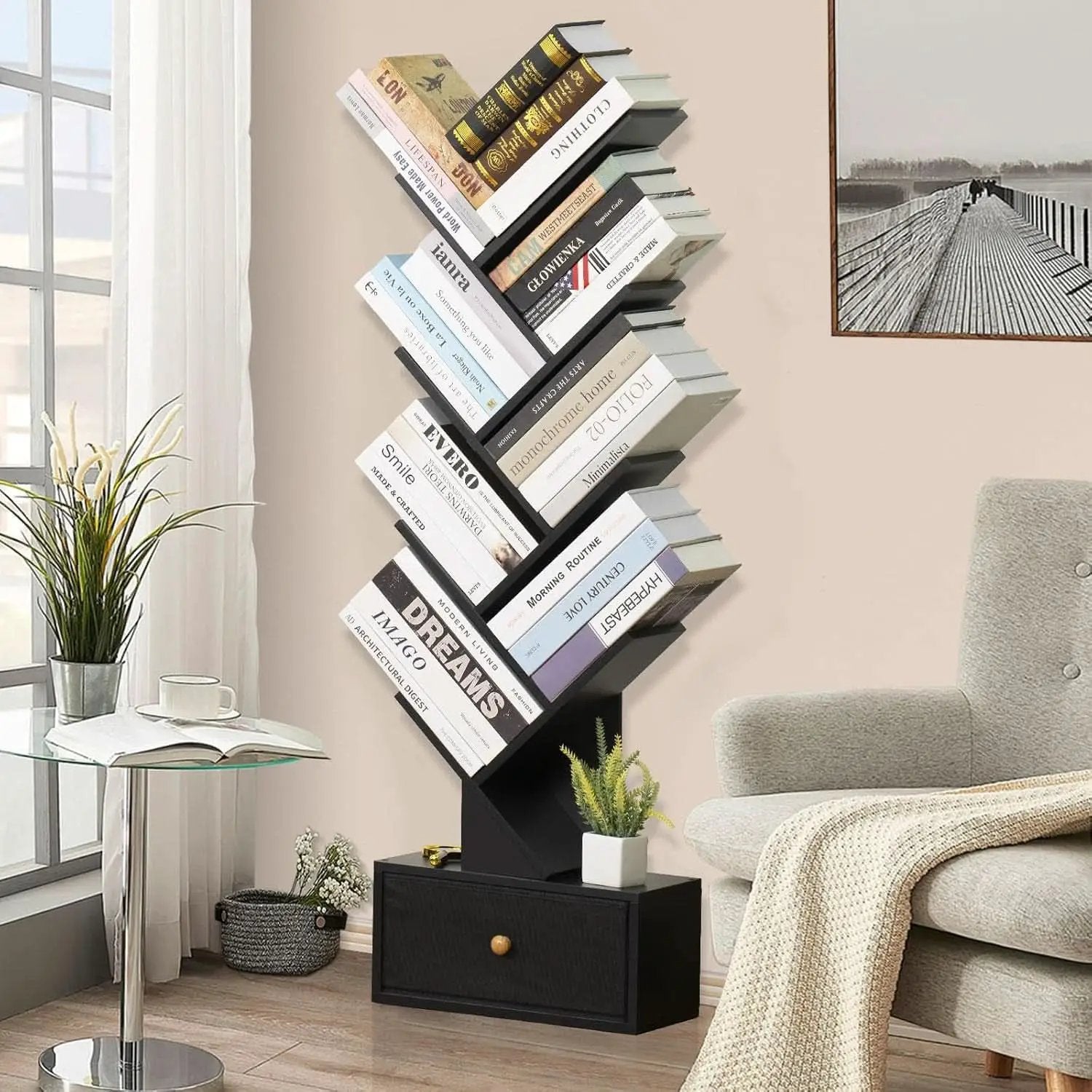 8 Tier Tree Bookshelf Drawer Freestanding Black Bookcase from PriceLows™