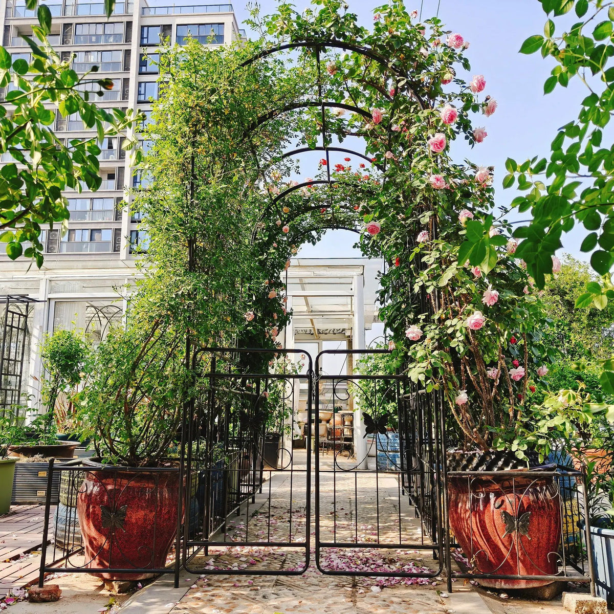 Metal Garden Arch With Gate | Black | Double Gate | Side Planters