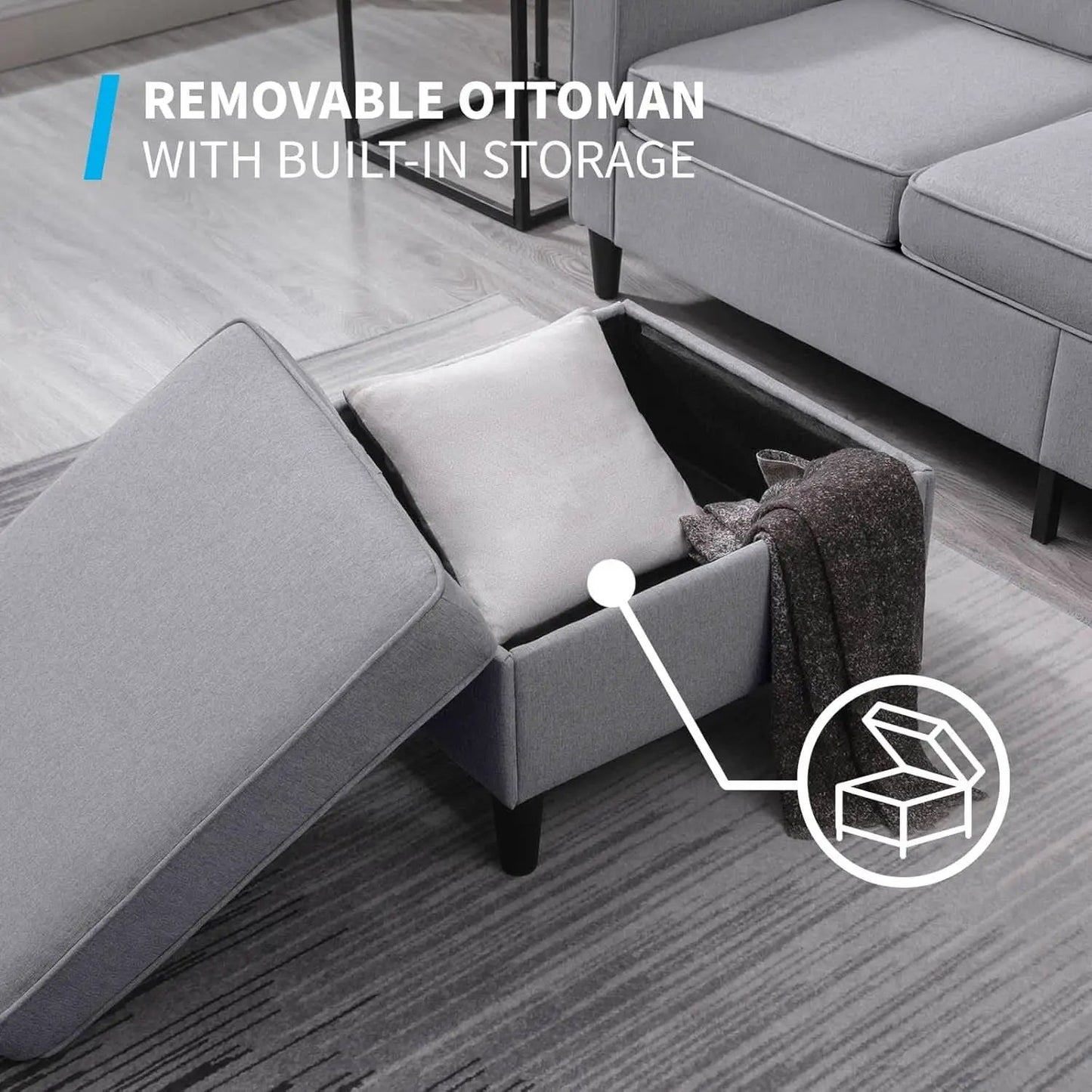 Light Grey Convertible Sofa Set With Storage Ottoman from PriceLows™
