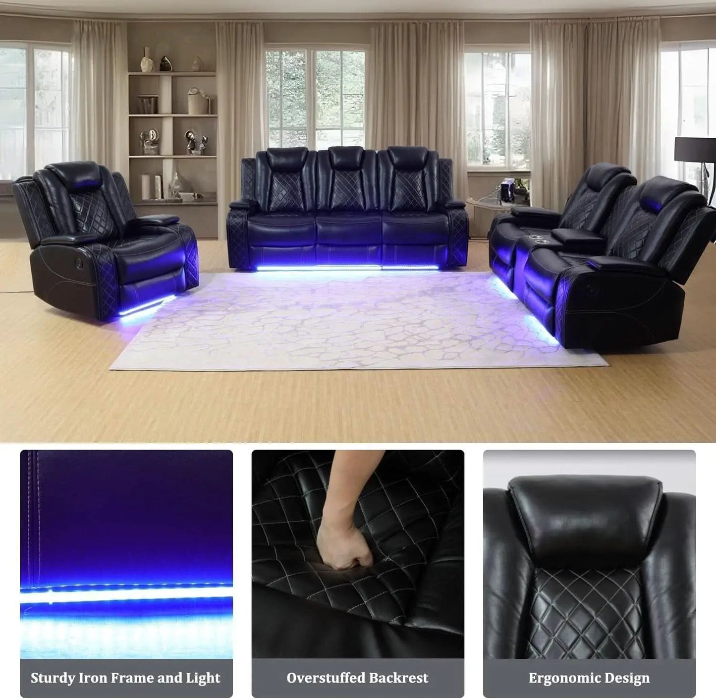 Black Power Recliner Sofa Set With LED And USB Charging from PriceLows™