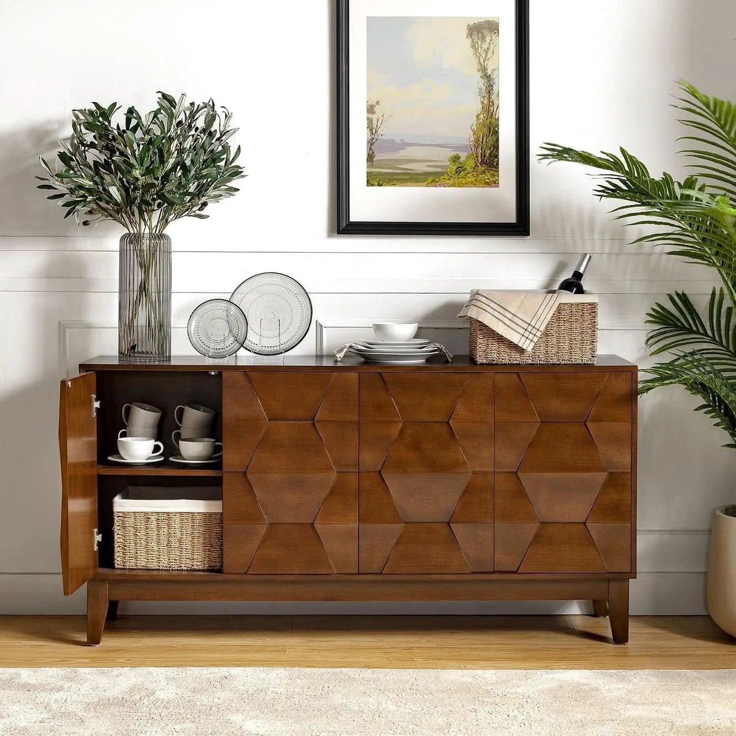 Walnut Mid Century Sideboard Buffet With Solid Wood Legs from PriceLows™