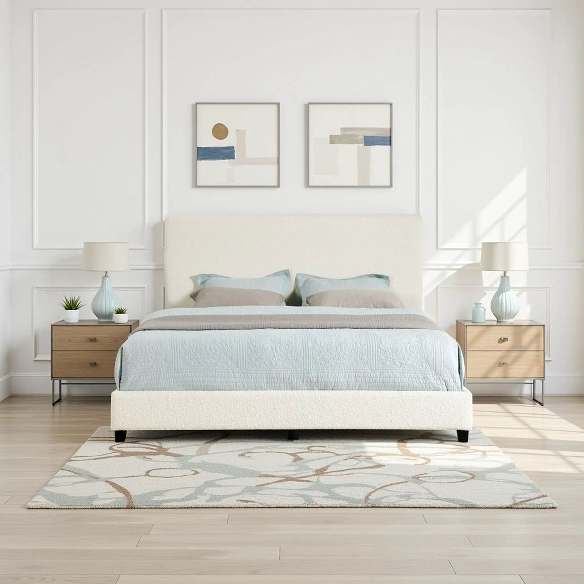 Platform Bed | Upholstered Headboard | Laminated Veneer Lumber | CNC-Cut Plywood Frame