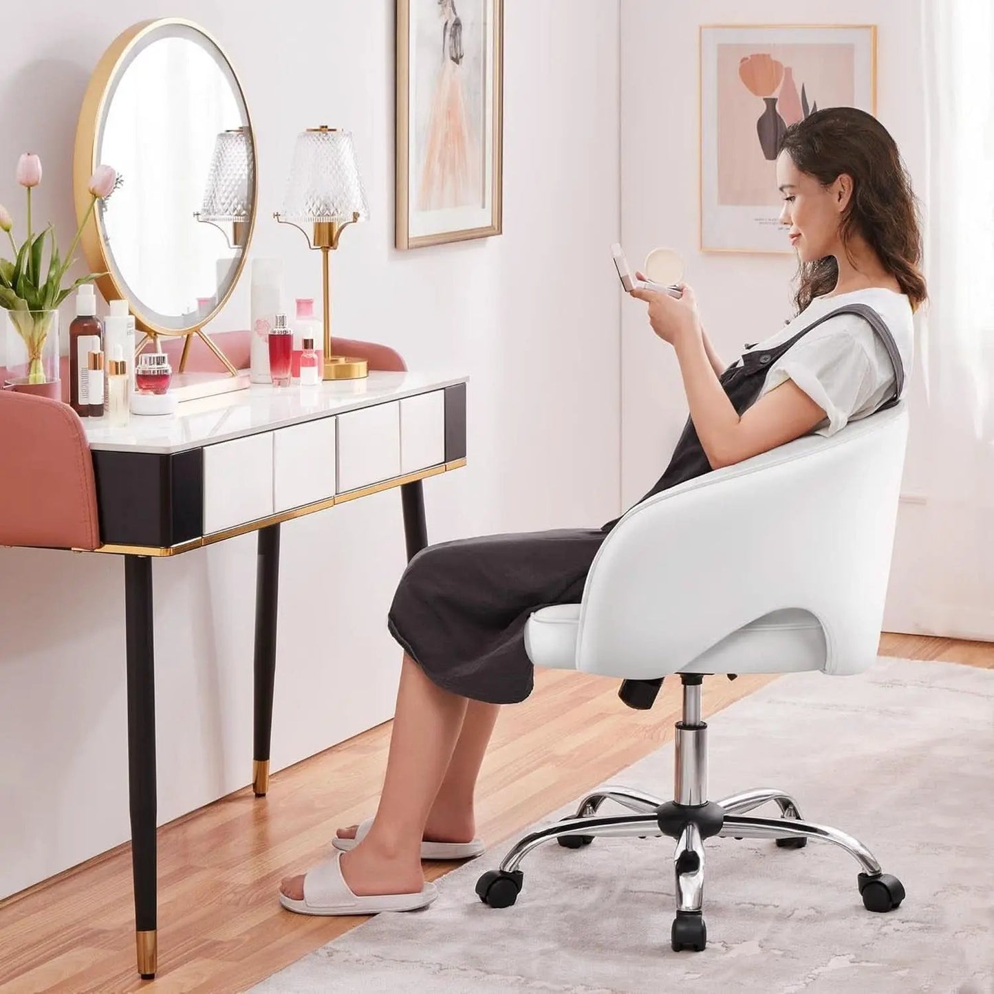 White Tufted Barrel Back Office Chair With Swivel Base from PriceLows™