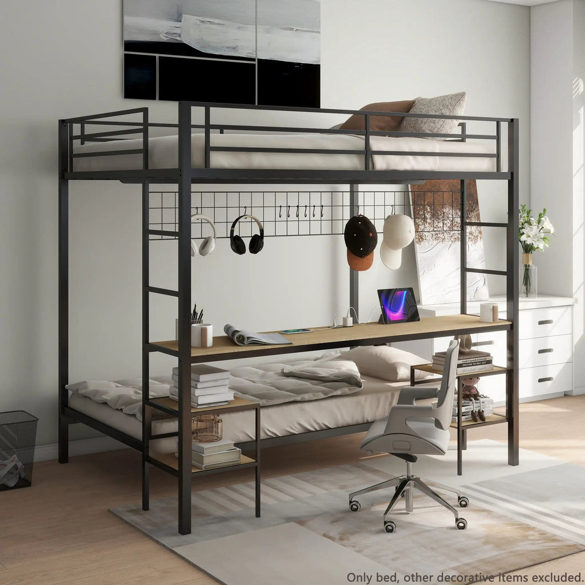 Ethan Bunk Bed With Desk, Charging Station, Storage Shelves | 2 Pieces | Metal | Bedroom