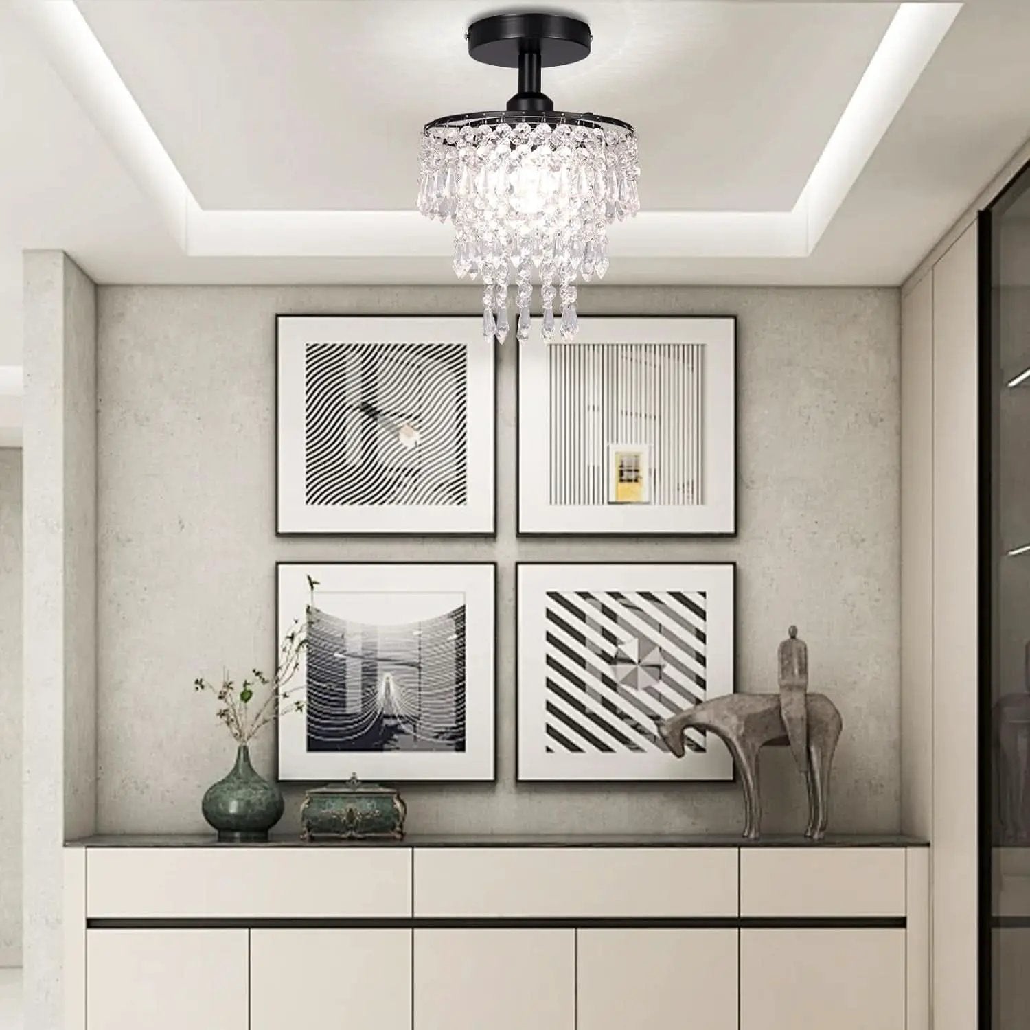 Small Black Crystal Chandelier Flush Mount With Raindrops from PriceLows™