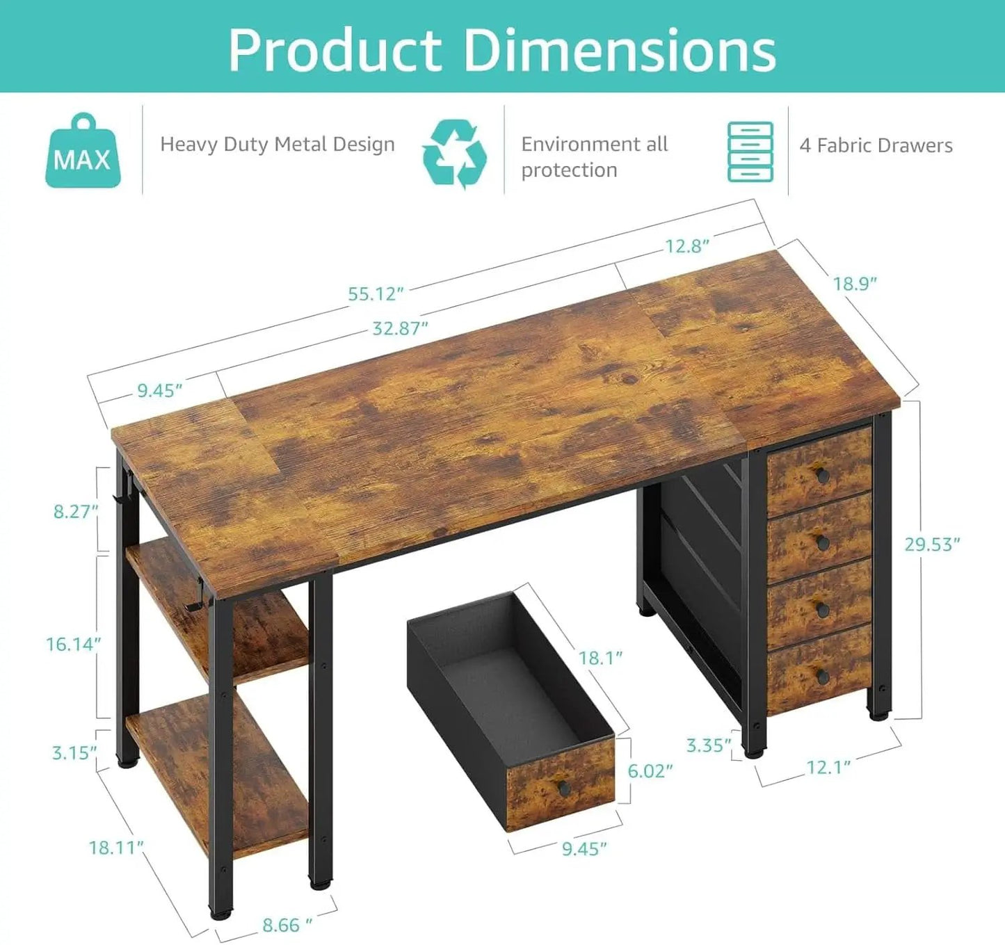 55 Inch Rustic Brown Computer Desk With 4 Fabric Drawers from PriceLows™