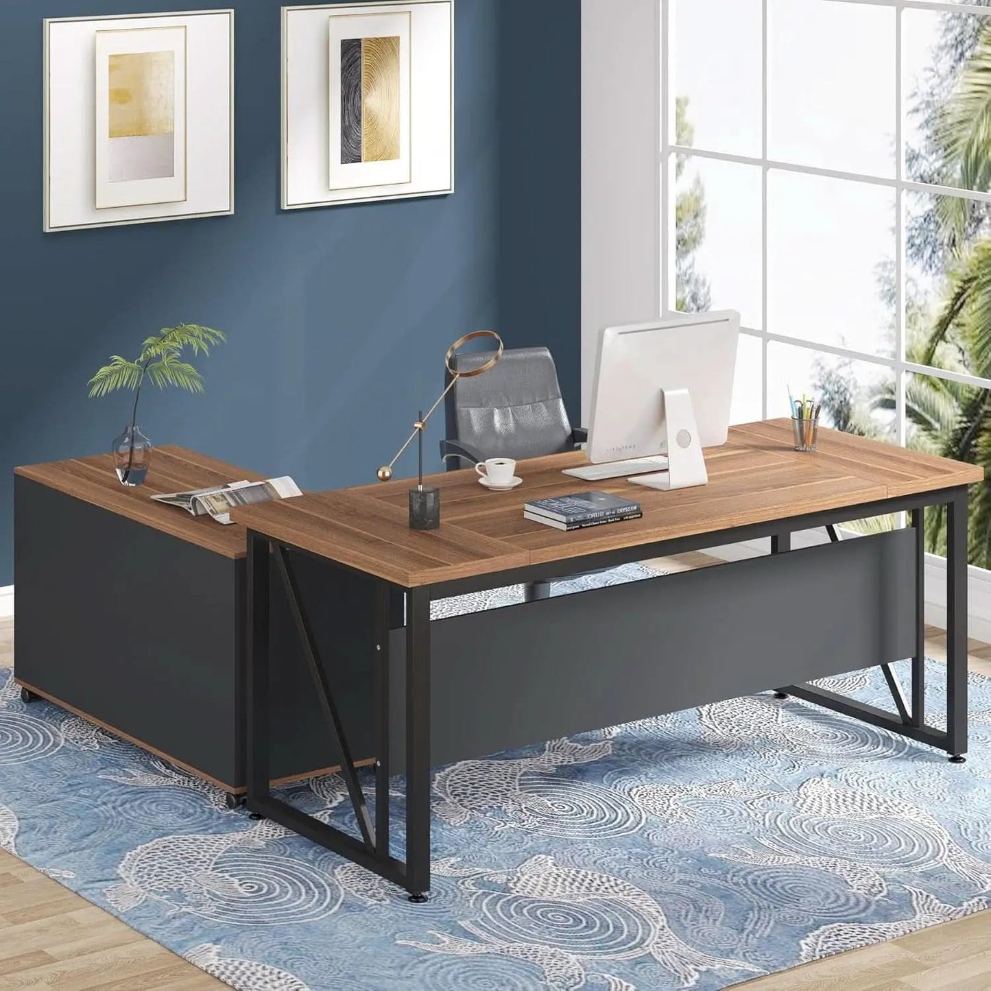 63 Inch L Shaped Desk With 47 Inch File Cabinet Brown Black from PriceLows™