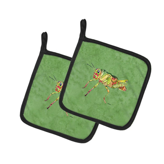 Pot Holder Set of 2 | Heat Resistant Quilted Hot Pads | 7.5 x 7.5 Inch | Grasshopper on Avacado
