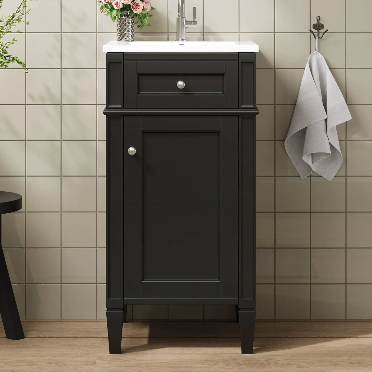 French Style Bathroom Vanity | Integrated Ceramic Sink | Fluted Panels | Solid Wood Legs