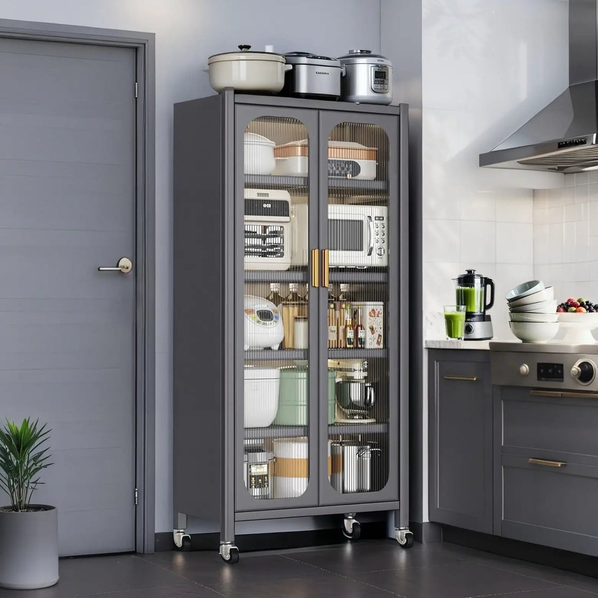6 Tier Storage Cabinet | Transparent Magnetic Door | Adjustable Shelves | 360 Degree Wheels