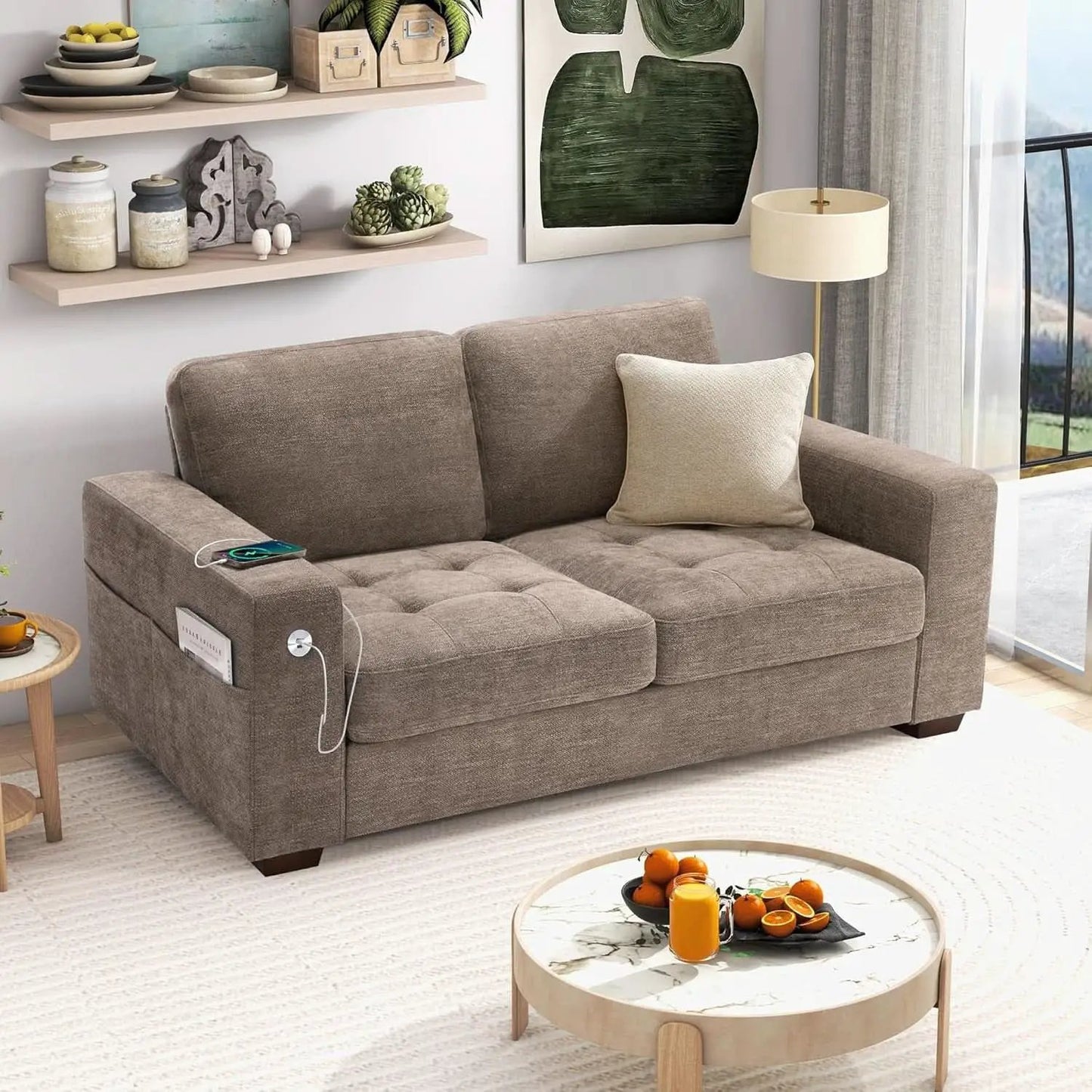 70 Inch Gray Chenille Loveseat With USB C Ports And Plush Cushions from PriceLows™