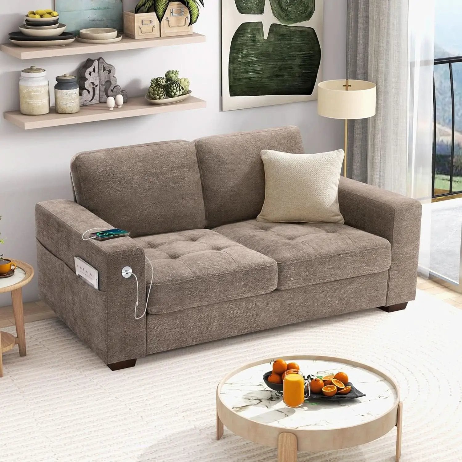 70 Inch Gray Chenille Loveseat With USB C Ports And Plush Cushions from PriceLows™