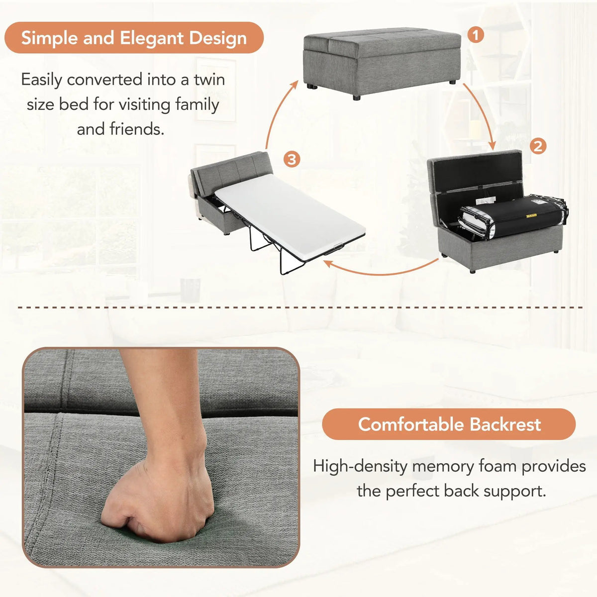 Twin Size Folding Ottoman Sleeper Bed | Includes Mattress | Convertible Guest Bed | High-Density Foam