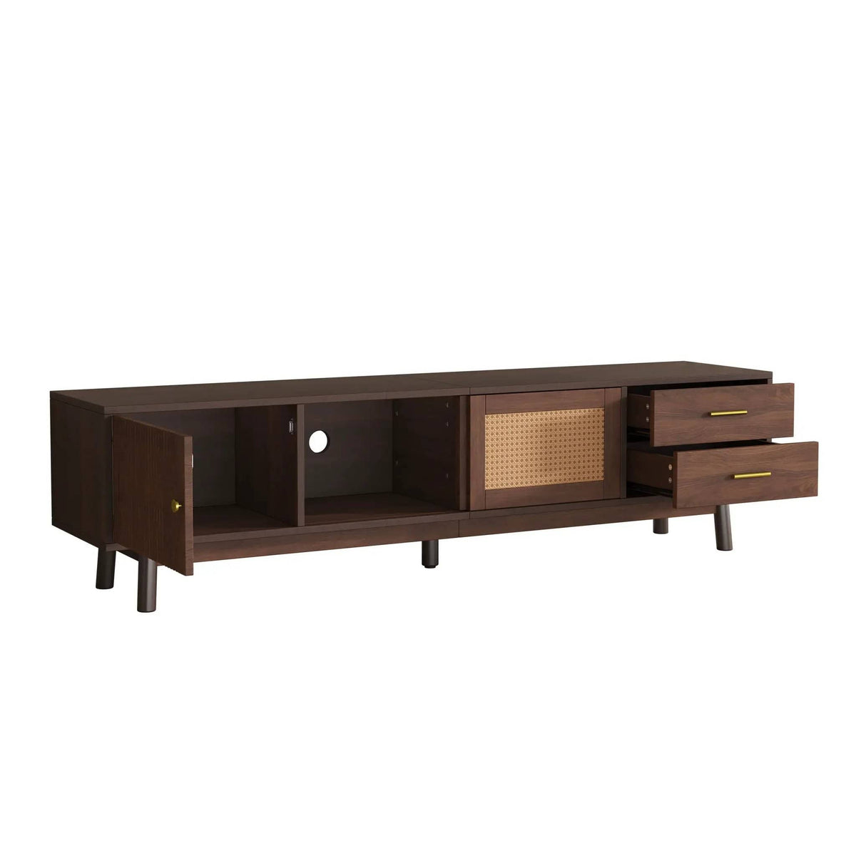 80 Inch TV Stand | Sliding Doors And Drawers | Interwoven Rattan Design | Metal Handles