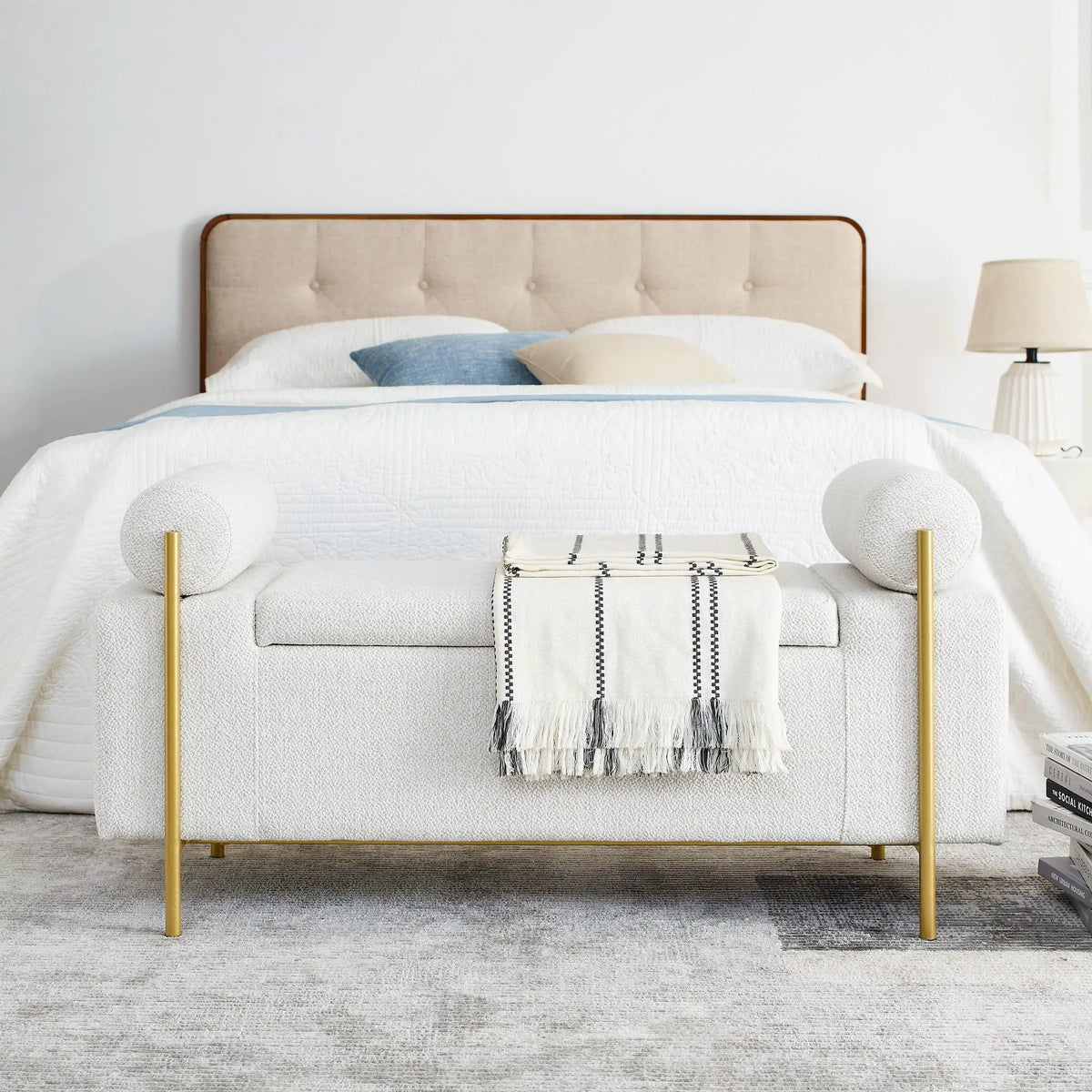 Upholstered Storage Bench | Cylindrical Arms | Iron Legs