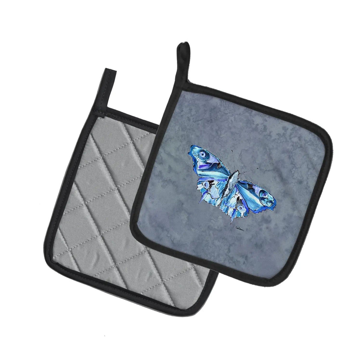 Pot Holder Set of 2 | Heat Resistant Quilted Hot Pads | 7.5 x 7.5 Inch | Butterfly on Gray