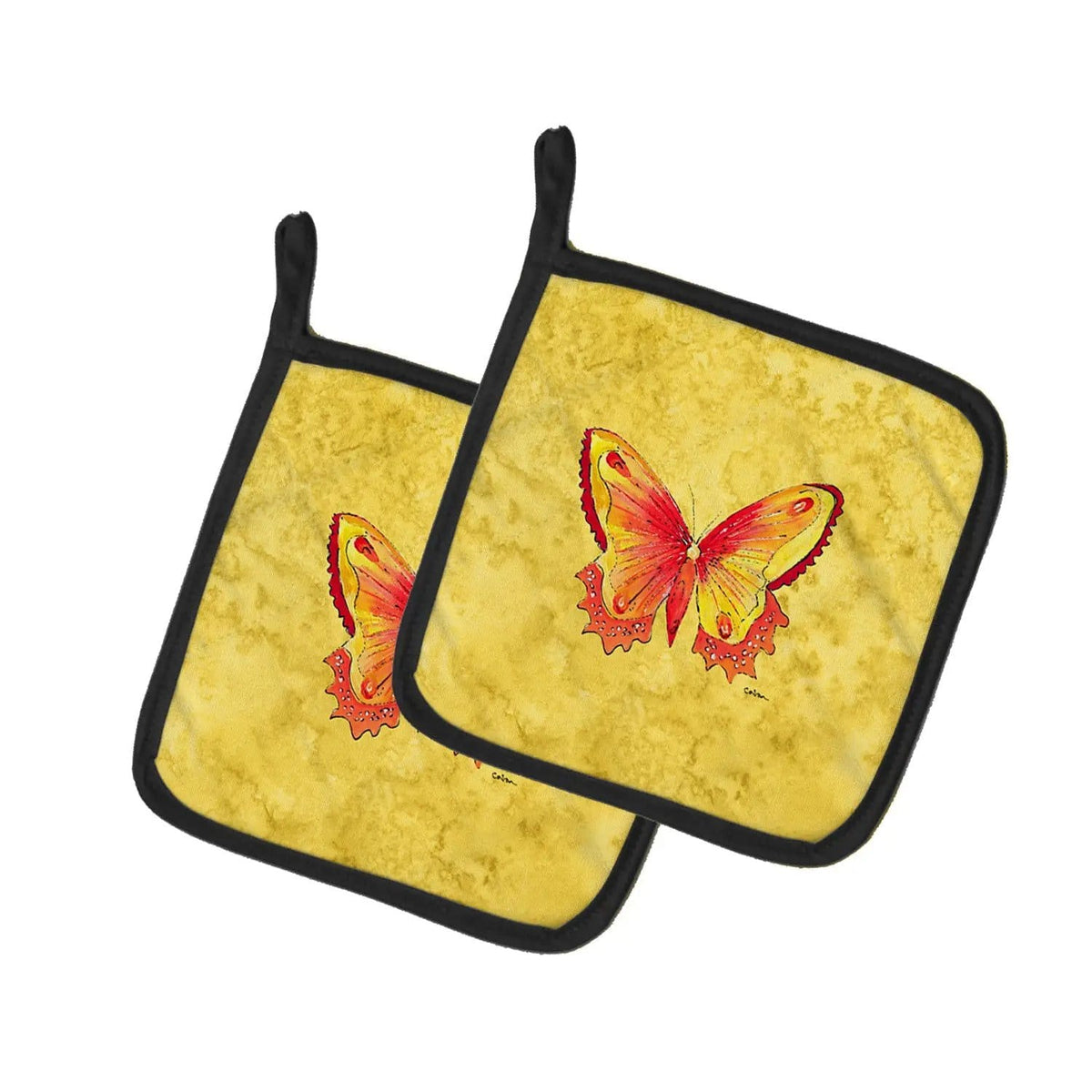 Pot Holder Set of 2 | Heat Resistant Quilted Hot Pads | 7.5 x 7.5 Inch | Butterfly on Yellow